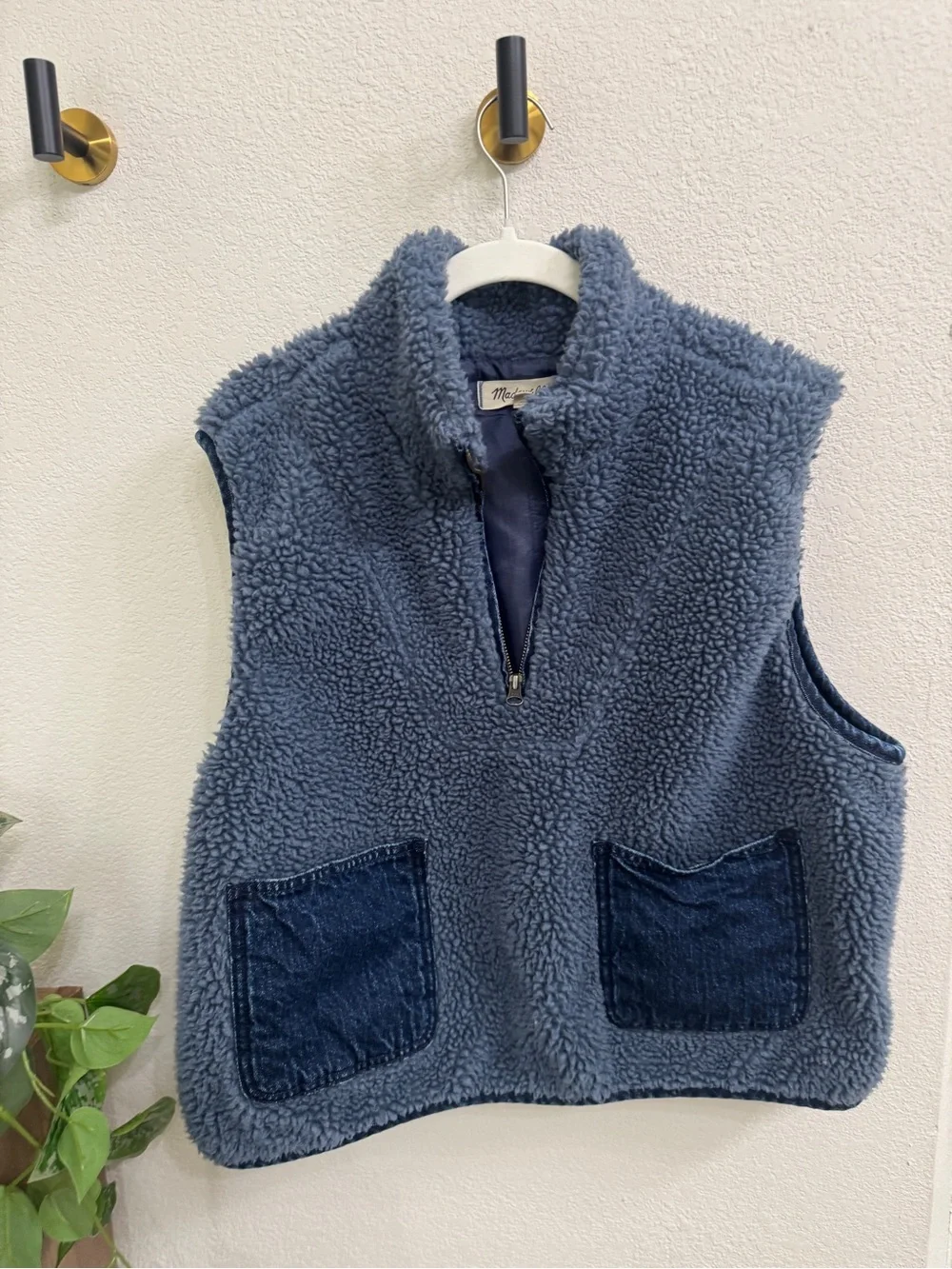 Madewell Dusty Blue Sherpa Vest with Navy Trim